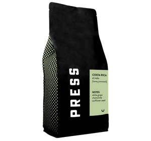 Costa Rica el indio honey processed coffee featuring notes of white grape, chamomile, and sunflower seed. 